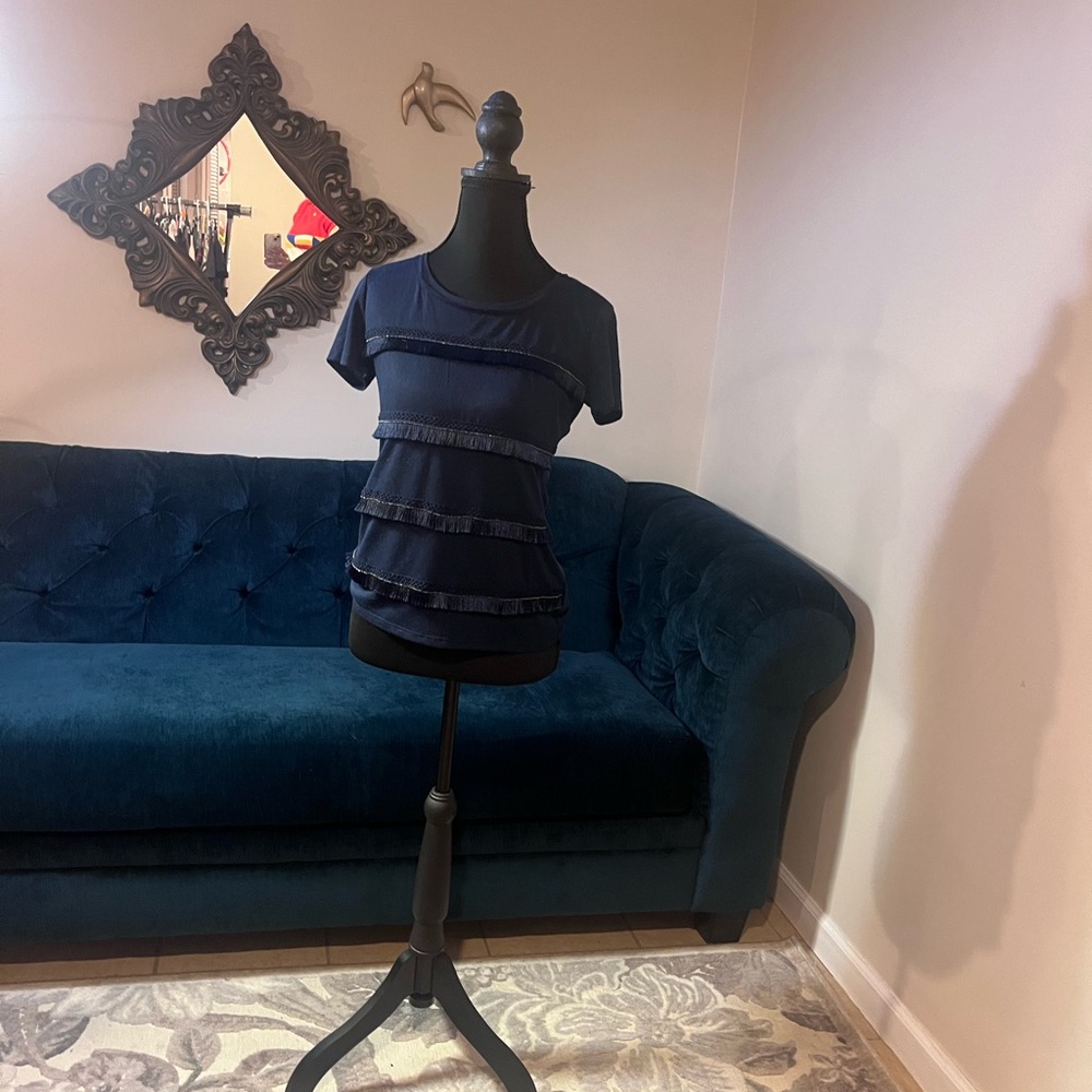 White House Black Market Midnight Blue Top with Fringe and Metallic Detail.